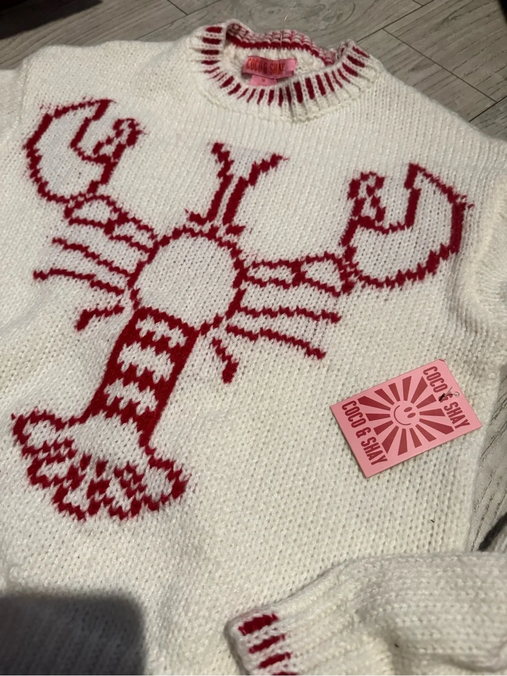 Coco & Shay Cream Sweater with Pink Red Lobster Motif